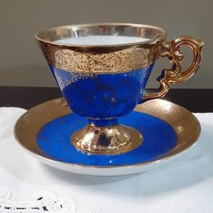 Vintage Cobalt Blue & Gold Tea Cup + Saucer